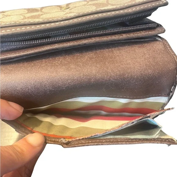 Coach Signature Stripe Brown Bifold Wallet - Picture 6 of 10